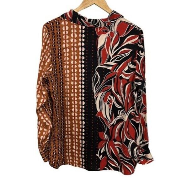 Soft Surrounding Womens Top SILK Blouse Size Large Long Sleeve Red Black Cream - Picture 2 of 6